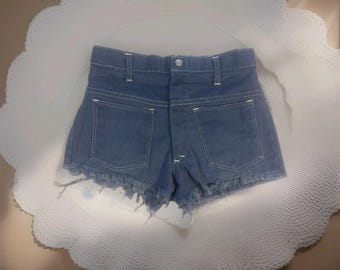 VTG 70s JCPenney Carol Evans Dark Denim Patch Pocket Shorts Cut Off 12 XXS
