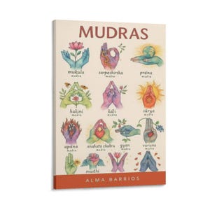 May include: A canvas print titled "MUDRAS" featuring colorful illustrations of hand gestures with botanical and celestial elements. Each gesture is labeled with its Sanskrit name. The artist's name, ALMA BARRIOS, is at the bottom.