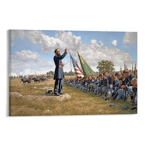 May include: A canvas print depicts a historical scene of a man in a dark coat addressing a group of soldiers in blue uniforms. The American flag and a green flag are visible. Horses and soldiers are in the background under a cloudy sky.