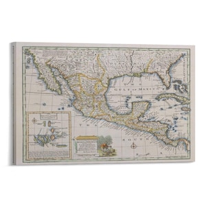 May include: A framed vintage map of North America, featuring detailed cartography with hand-drawn elements. The map includes the Gulf of Mexico and surrounding regions, with text labels and compass roses. The color palette is muted, with beige, yellow, and blue tones.