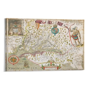May include: A framed vintage map of Virginia, featuring detailed illustrations and text. The map includes a compass rose, a sailing ship, and the text "THE VIRGINIAN SEA." The map is in shades of tan, brown, green, and red.