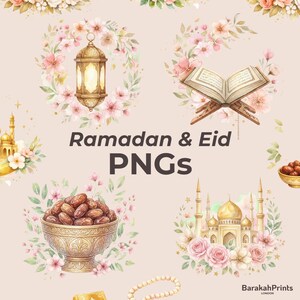 Może przedstawiać: Akwarelowe ilustracje z elementami Ramadanu i Eid. Obraz zawiera latarnię, otwartą książkę, miskę z daktylami i meczety, otoczone kwiatowymi aranżacjami. Tekst brzmi "Ramadan & Eid PNGs."