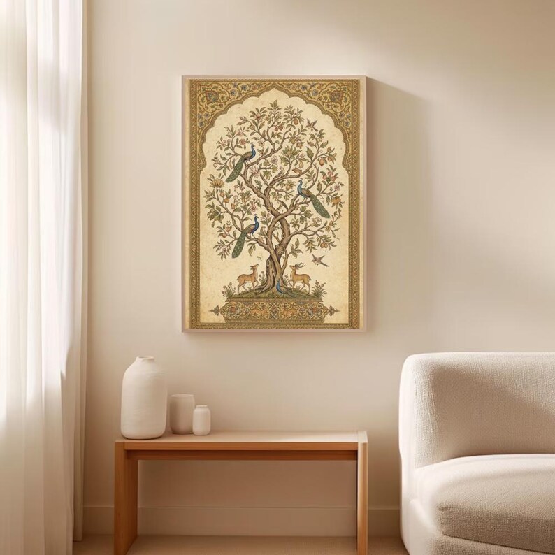 May include: A rectangular wall art print featuring a central tree with intricate branches, foliage, and flowers. Two peacocks are perched on the branches, while two deer stand at the base. The artwork is framed by a decorative gold border.