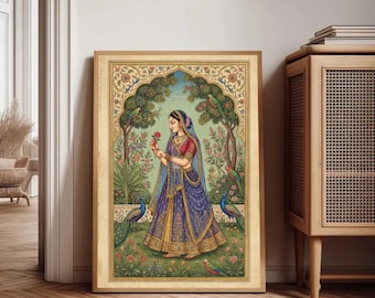 Mughal Princess Wall Art, Indian Queen Portrait, South Asian Heritage Decor, Peacock Garden Art, Vintage Miniature Print, Digital Download