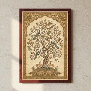 May include: A rectangular wall art print in a dark wood frame featuring a detailed illustration of a central tree with peacocks, deer, and small birds. The artwork is set against a cream background with an intricate gold and brown decorative border.
