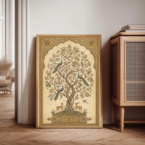 May include: A rectangular wall art print featuring a detailed illustration of a central tree filled with various birds, including peacocks, and small deer standing at the base. The artwork is framed by an intricate gold and tan border pattern.