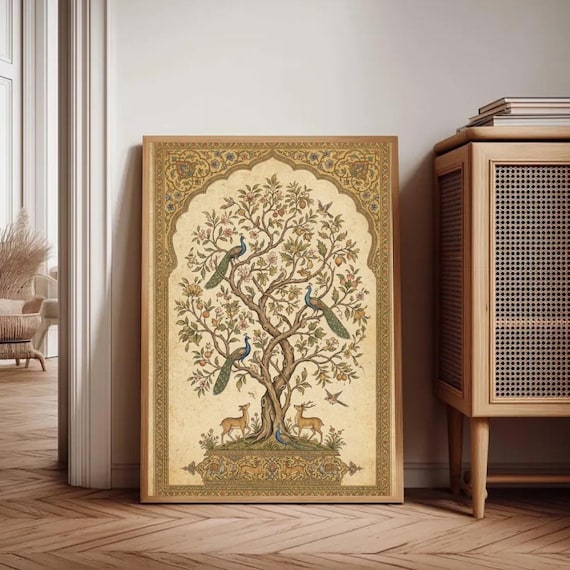 Mughal Tree Wall Art | Peacock & Deer Life Tree Print | Indian Miniature Painting | Vintage South Asian Decor | Digital Download Poster
