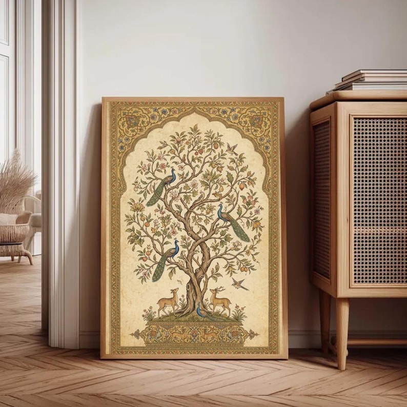 May include: A rectangular wall art print featuring a detailed illustration of a central tree filled with various birds, including peacocks, and small deer standing at the base. The artwork is framed by an intricate gold and tan border pattern.