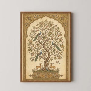 May include: A rectangular wall art print featuring a central tree with two peacocks and two deer at its base, set within an ornate, arched gold border. The illustration uses muted earth tones, including beige, brown, and green, with intricate floral and fruit details throughout the composition.