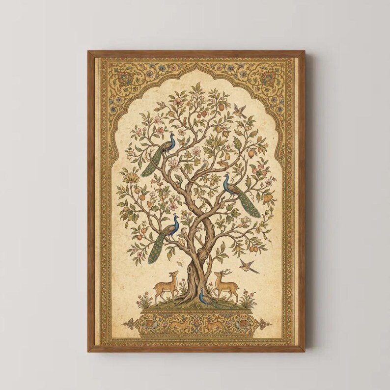 May include: A rectangular wall art print featuring a central tree with two peacocks and two deer at its base, set within an ornate, arched gold border. The illustration uses muted earth tones, including beige, brown, and green, with intricate floral and fruit details throughout the composition.