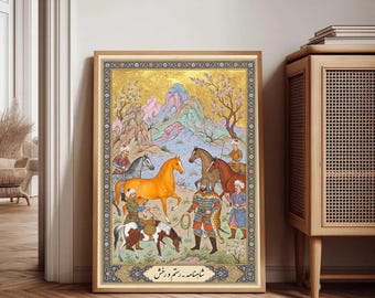 Persian Miniature Wall Art, Shahnameh Rostam and Rakhsh Print, Iranian Folklore Decor, Islamic Art, Ancient Persia Digital Poster
