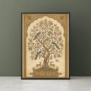 May include: A framed rectangular wall art print featuring a central tree with three peacocks, two deer, and various birds. The design is set within an ornate, beige and gold decorative border with intricate floral and geometric patterns throughout.