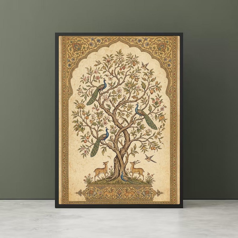 May include: A framed rectangular wall art print featuring a central tree with three peacocks, two deer, and various birds. The design is set within an ornate, beige and gold decorative border with intricate floral and geometric patterns throughout.