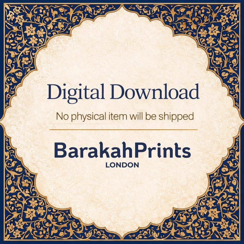 May include: A square digital download graphic featuring a cream-colored center with a dark blue and gold floral border. The text reads Digital Download, No physical item will be shipped, BarakahPrints, and LONDON in dark blue lettering.
