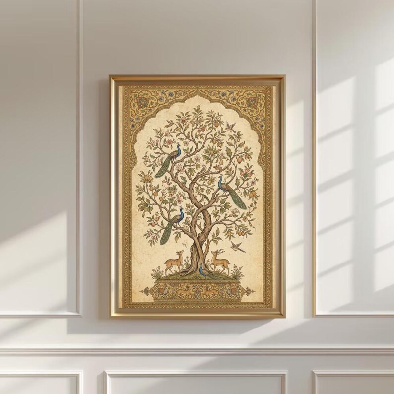 May include: A rectangular wall art print in a gold frame featuring a detailed illustration of a large tree with three peacocks and two deer. The artwork is set against a cream background with an ornate, arched border in shades of gold and brown.