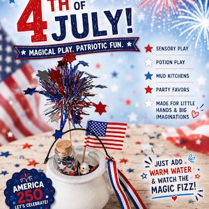 Pode incluir: Um caldeirão branco contendo uma pequena garrafa de vidro com rolha cheia de confetes em forma de estrela vermelha, branca e azul, uma bandeira americana em miniatura e um topo de fogo de artifício. Texto Happy 4th of July, America 250.