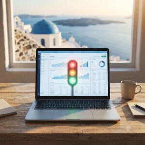 May include: A silver laptop displaying a data dashboard with charts and graphs on its screen, featuring a superimposed vertical traffic light graphic with red, yellow, and green lights. A white mug and a notebook sit on the wooden desk surface.