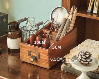 Organizer na biurko z drewna w stylu vintage – 3-komorowy organizer do toaletki