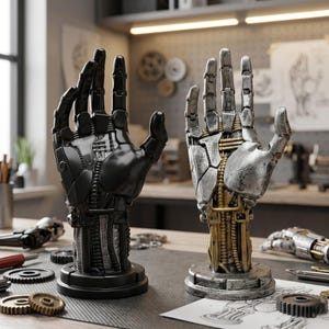 Könnte beinhalten: Zwei Roboterhand-Skulpturen, eine schwarze und eine silberne, werden auf einem Tisch mit Zahnrädern und Werkzeugen ausgestellt. Die schwarze Hand ist glatt, während die silberne Hand innere Mechanismen mit goldenen Akzenten zeigt. Die Hände stehen auf kreisförmigen Sockeln.
