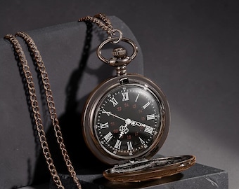 Naszyjnik z zegarkiem kieszonkowym w stylu vintage w kolorze czarnym, steampunk, z rzymskimi cyframi i zegarem czasu światowego