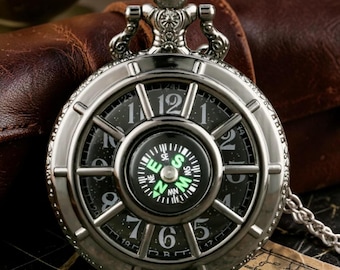 Naszyjnik z zegarkiem kieszonkowym w stylu vintage z czarnym kompasem i wisiorkiem w stylu steampunk, czas światowy, prezent dla mężczyzn