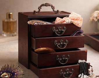 Drewniany organizer na biżuterię w stylu vintage – pudełko na kosmetyki i prezenty