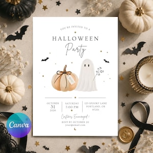 May include: A white Halloween party invitation card featuring a watercolour illustration of a light orange pumpkin with a black bow and a white ghost. The text reads: You're invited to a Halloween Party, October 31 2026, Saturday 7:00 PM, 123 Spooky Lane Portland, OR 97201, Costumes Encouraged, RSVP by October 20, and your@email.com.