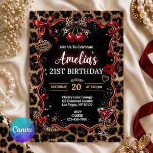 May include: A rectangular birthday invitation card featuring a black center with a leopard print border. The text reads Join Us To Celebrate Amelia's 21ST BIRTHDAY, AUGUST 20 AT 7:00 pm, Cherry Luxe Lounge 125 Diamond Avenue Las Vegas, NV 89109, RSVP CASSIE 123-456-7890.