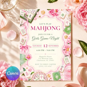 Pode incluir: Um cartão de convite retangular com ilustrações em aquarela de peças de mahjong, peônias rosas e fitas. O texto diz: LET'S PLAY MAHJONG, JOIN US FOR A GIRLS GAME NIGHT, SATURDAY 12 SEPTEMBER, 6:00 PM - 9:00 PM, MAGNOLIA HOUSE, 125 BLOSSOM LANE, CHARLESTON, SC 29401, RSVP TO EMILY CARTER (555) 123-4567.