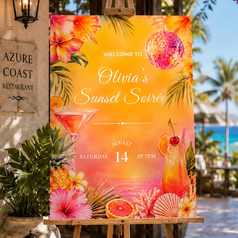 Tropical Sunset Soirée Welcome Sign, Editable Birthday Pool Party Decor ...