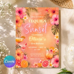 Op de afbeelding: Een rechthoekige uitnodigingskaart met een oranje en roze aquarelachtergrond met tropische hibiscusbloemen, palmbladeren en citrusvruchten. De tekst luidt: JOIN US FOR A TEQUILA Sunset CELEBRATING Olivia's 23rd Birthday SATURDAY | JULY 14 AT 7 PM.