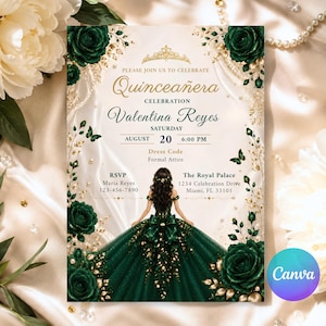 Peut inclure: Une carte d'invitation pour Quinceañera avec l'illustration d'une personne en robe de bal vert foncé. Le design inclut des roses vert foncé, des accents dorés, des perles et des papillons. Le texte indique : Please join us to celebrate Quinceañera, Valentina Reyes, Saturday August 20 6:00 PM, Dress Code Formal Attire, RSVP Maria Reyes 123-456-7890, The Royal Palace 1234 Celebration Drive Miami, FL 33101.