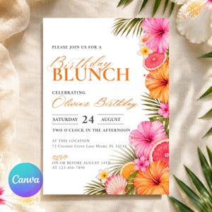 Könnte beinhalten: Eine rechteckige Einladungskarte zum Geburtstagsbrunch mit Aquarellillustrationen von rosa und orangefarbenen Hibiskusblüten, Palmblättern und Zitrusfrüchten. Der Text lautet: Please join us for a Birthday Blunch celebrating Olivia's Birthday.