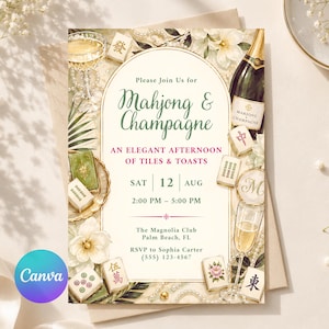 May include: A rectangular invitation card featuring the text Mahjong & Champagne, An Elegant Afternoon of Tiles & Toasts, Sat 12 Aug, 2:00 PM - 5:00 PM, The Magnolia Club, Palm Beach, FL, RSVP to Sophia Carter (555) 123-4567, surrounded by mahjong tiles, champagne bottles, glasses, pearls, and white flowers.