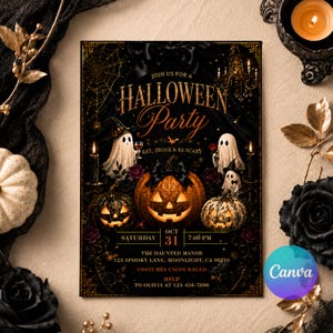 May include: A black Halloween party invitation card featuring three ghosts, three jack-o'-lanterns, and gold text that reads: JOIN US FOR A HALLOWEEN PARTY, EAT, DRINK & BE SCARY, SATURDAY OCT 31 7:00 PM, THE HAUNTED MANOR 123 SPOOKY LANE, MOONLIGHT, CA 90210.