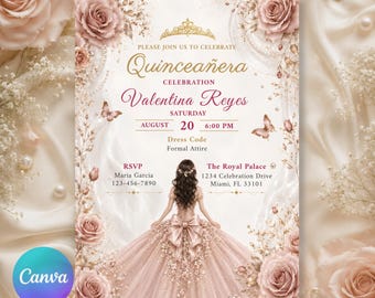 May include: A Quinceañera invitation card featuring a central illustration of a person in a voluminous pink gown, surrounded by blush roses, gold butterflies, and a gold crown graphic. The text includes the name Valentina Reyes and event details.
