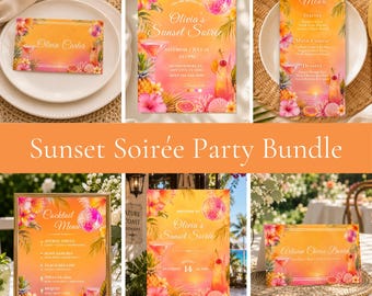 Paquete de plantillas para fiestas "Sunset Soirée" y conjuntos de invitaciones de cumpleaños tropicales (editables en Canva).
