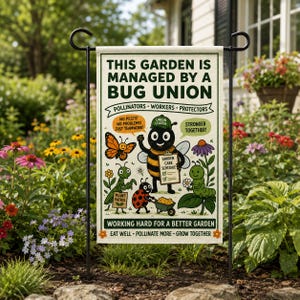 Puede incluir: Una bandera de jardín rectangular con el texto THIS GARDEN IS MANAGED BY A BUG UNION. El diseño incluye ilustraciones de una abeja, una mariposa, una mariquita y una oruga con globos de texto y un portapapeles con notas de cuidado.
