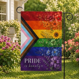 Bandera de jardín "Progreso, orgullo es belleza", decoración floral para jardín LGBTQ+, regalo para la comunidad inclusiva, pancarta del orgullo, bandera de flores, letrero para exteriores