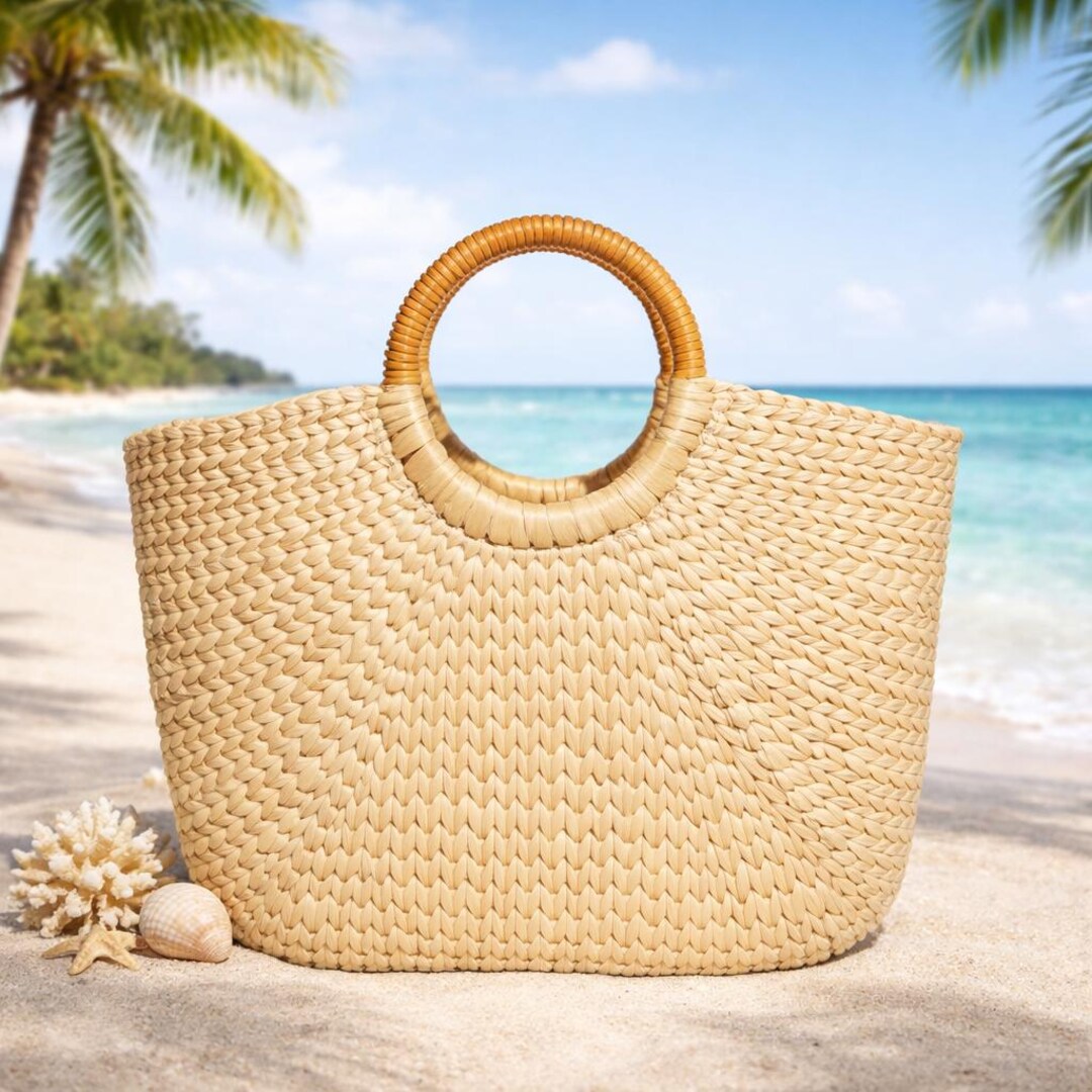 Handwoven Rattan Tote Bag for Women, Natural Straw Beach Purse, Boho ...
