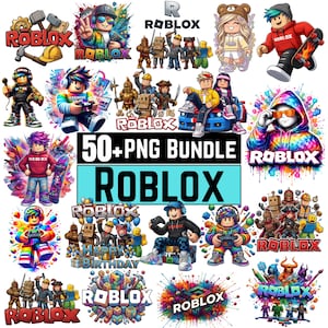 Może przedstawiać: Kolekcja kolorowych grafik z motywem Roblox. Obraz zawiera różne postacie, logo i elementy tekstowe, w tym "50+ PNG BUNDLE" i "Happy Birthday". Projekty zawierają żywe kolory i zabawne ilustracje.