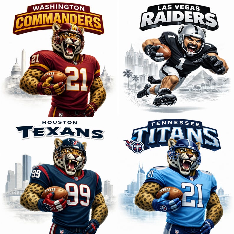 May include: Four illustrations of NFL team mascots. The Washington Commanders mascot is a jaguar in a burgundy jersey. The Las Vegas Raiders player is in a black uniform. The Houston Texans mascot is a jaguar in a navy jersey. The Tennessee Titans mascot is a jaguar in a light blue jersey.