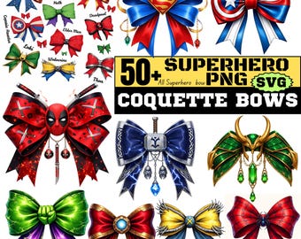 50+ Superhero Bow PNG SVG Bundle, Coquette Comic Hero Bows Clipart, Cute Hero Hair Bow Sublimation Design, Cricut Silhouette Digital Files