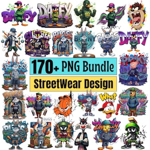 Può includere: Una collezione digitale di oltre 170 design grafici PNG con personaggi dei cartoni animati come Bugs Bunny, Daffy Duck e Sylvester in abiti streetwear con testo in stile graffiti. L'immagine include il testo 170+ PNG Bundle StreetWear Design.