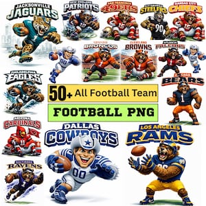 May include: A collection of cartoon illustrations of NFL football team mascots, including the Jaguars, Patriots, 49ers, Steelers, and Chiefs. The image also includes text that reads "50+ All Football Team FOOTBALL PNG."