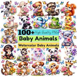Watercolor Baby Animals Clipart Bundle, Safari & Forest PNG (Digital Download)