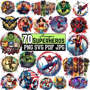 May include: A collection of 70 superhero-themed digital graphics. The images feature various characters, including Batman, Captain America, and Spider-Man, in a colorful, splash-art style. Text reads "70 Avengers Superheroes PNG SVG PDF JPG."