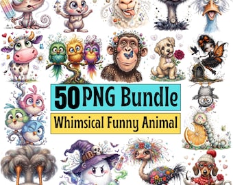Whimsical Funny Animal Clipart Bundle – Cute Cartoon Animals PNG, 300 DPI Sublimation, Kids Art, Scrapbook Graphics, Digital Download
