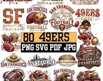 Może przedstawiać: Kolekcja grafik z motywem futbolu 49ers w kolorach czerwonym, złotym i białym. Projekty obejmują hełmy, piłki nożne, most Golden Gate oraz tekst, taki jak "Niners", "San Francisco" i "49ers Girl". Formaty: PNG, SVG, PDF i JPG.