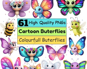 61 Cute Cartoon Butterfly Clipart Bundle PNG | Colorful Kawaii Butterflies | Kids Fantasy Spring Insects | High Quality Digital Download